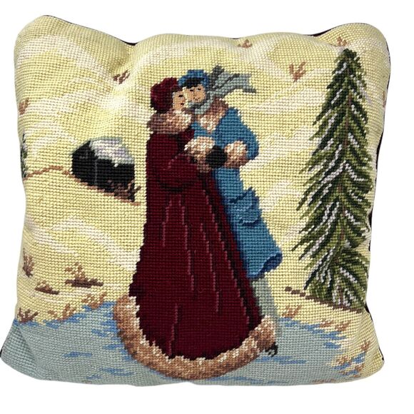 Needlepoint Winter Scene Throw Pillow 2 People Winter Coats Snowy Tree Cabin - Picture 1 of 16